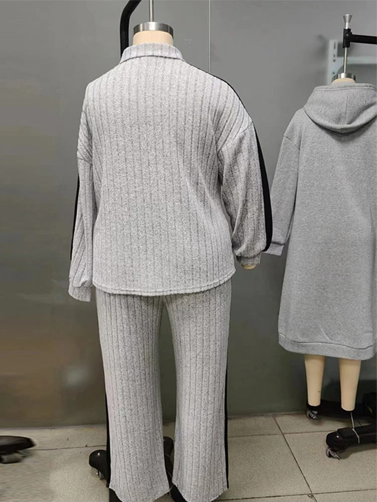 Knitted  Loose Fit Striped Patterned Tops And Pants Set - Image 3