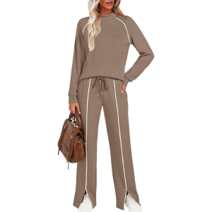 Two Piece Matching Outfit Set With Piping Detail Top And Loose Pants - Image 2
