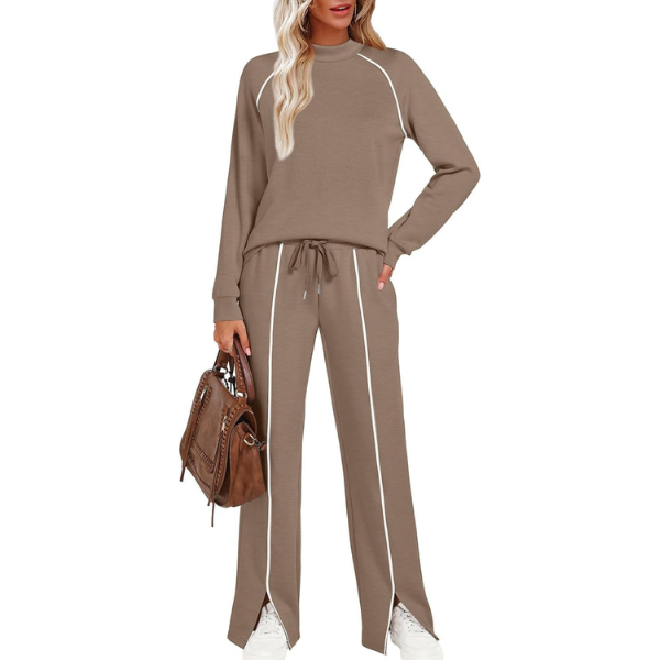 Two Piece Matching Outfit Set With Piping Detail Top And Loose Pants