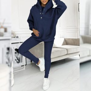 Casual Snap Buttoned Hoodie And Legging Three Piece Set - Image 1
