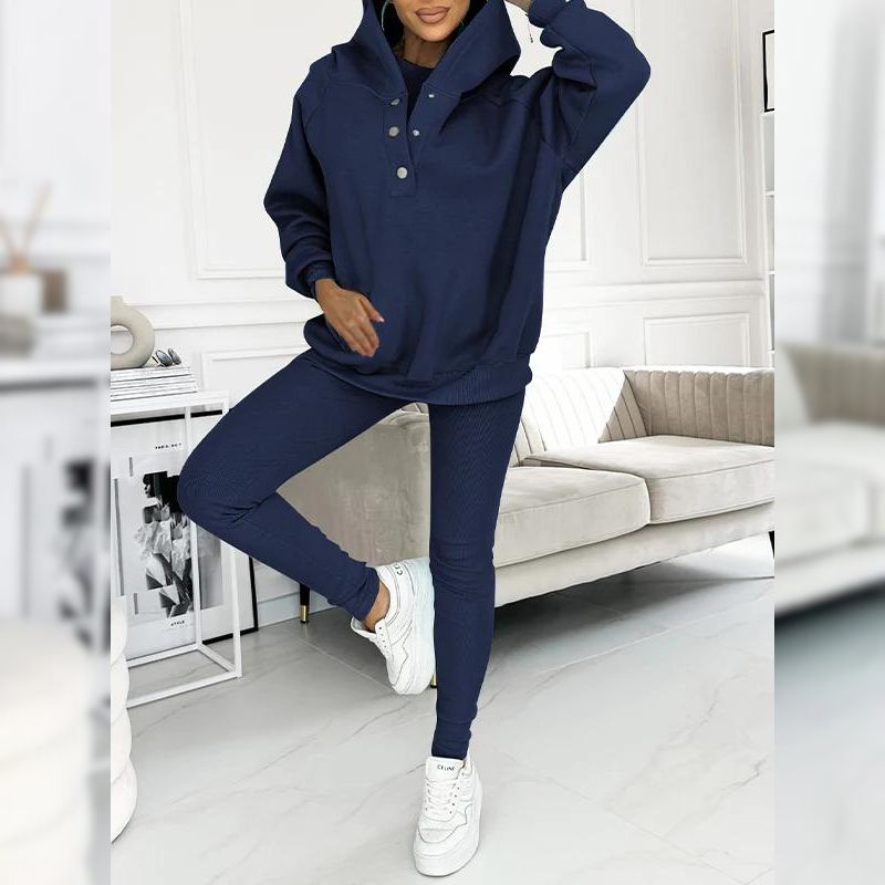 Casual Snap Buttoned Hoodie And Legging Three Piece Set - Image 1