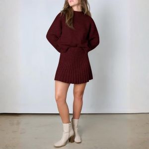 2 Piece Ribbed Knit Puff Sleeve Sweater Top And Mini Skirt Outfit Set - Image 4