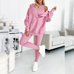 Casual Snap Buttoned Hoodie And Legging Three Piece Set - Image 3
