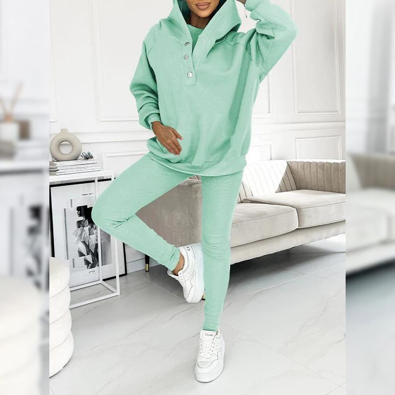 Casual Snap Buttoned Hoodie And Legging Three Piece Set - Image 4