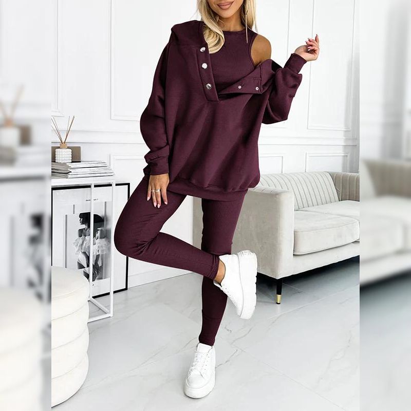 Casual Snap Buttoned Hoodie And Legging Three Piece Set - Image 5