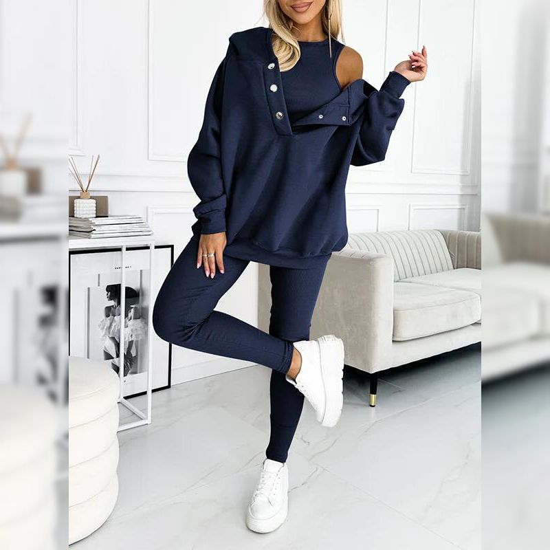 Casual Snap Buttoned Hoodie And Legging Three Piece Set - Image 6