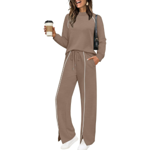 Two Piece Matching Outfit Set With Piping Detail Top And Loose Pants - Image 1