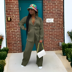2 Piece Button Down Shirt And Pleated Pants Set For Women - Image 8