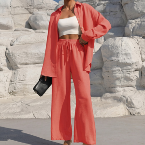 Casual 2 Piece Long Sleeve Shirt And Wide Fit Trouser Set For Women - Image 5