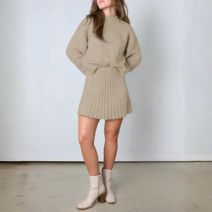 2 Piece Ribbed Knit Puff Sleeve Sweater Top And Mini Skirt Outfit Set - Image 11
