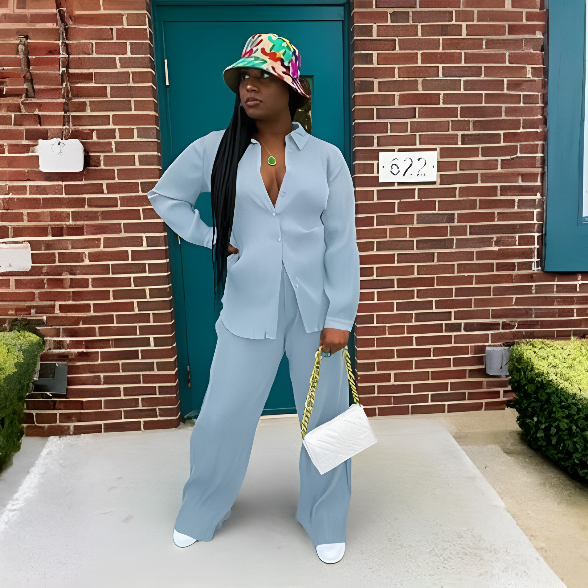 2 Piece Button Down Shirt And Pleated Pants Set For Women - Image 40