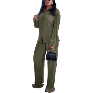 2 Piece Button Down Shirt And Pleated Pants Set For Women - Image 6