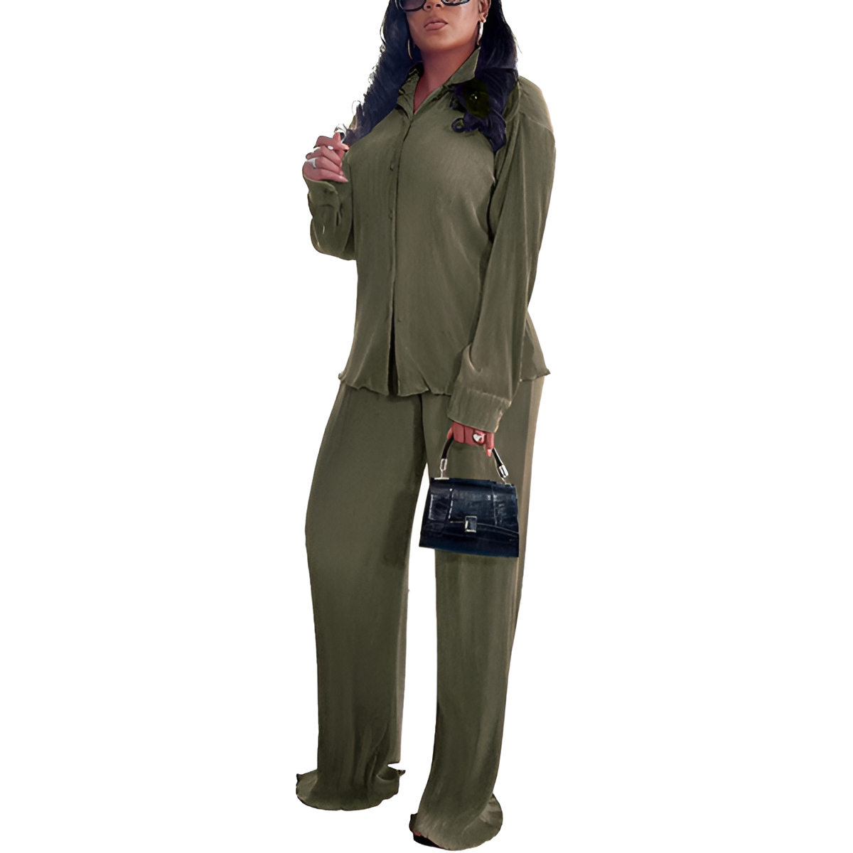 2 Piece Button Down Shirt And Pleated Pants Set For Women - Image 6