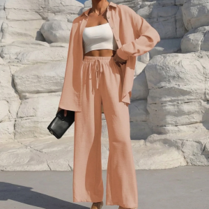 Casual 2 Piece Long Sleeve Shirt And Wide Fit Trouser Set For Women - Image 4