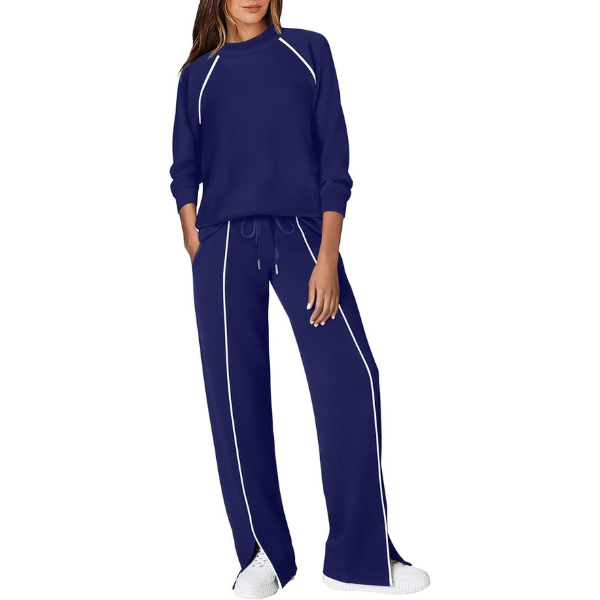 Two Piece Matching Outfit Set With Piping Detail Top And Loose Pants