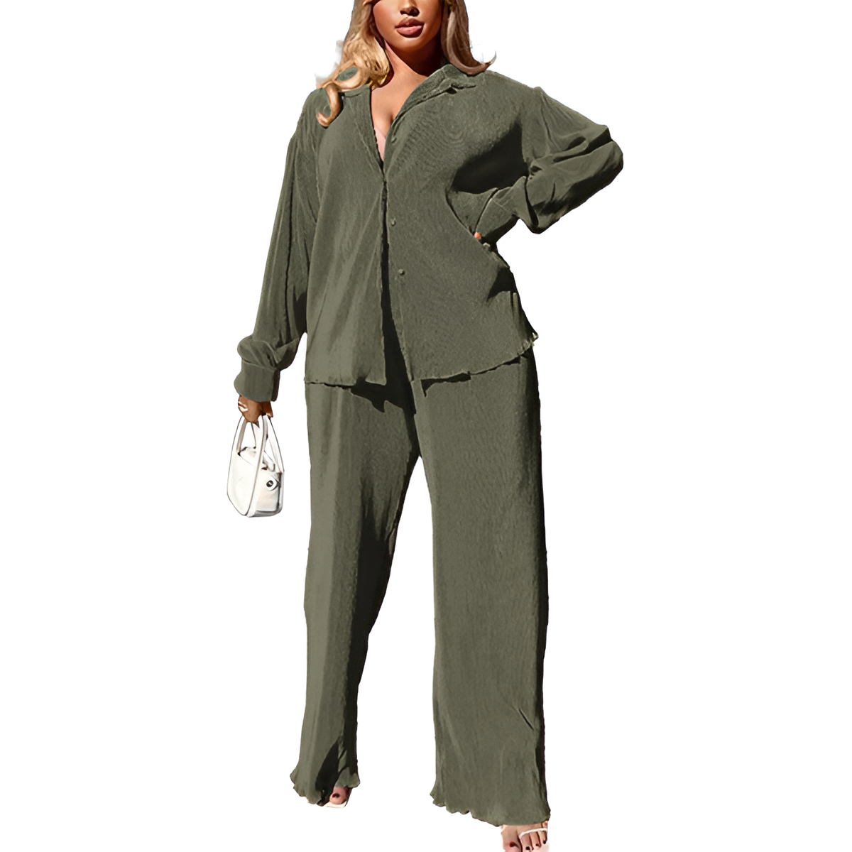 2 Piece Button Down Shirt And Pleated Pants Set For Women - Image 7