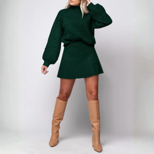 2 Piece Ribbed Knit Puff Sleeve Sweater Top And Mini Skirt Outfit Set - Image 7