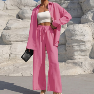 Casual 2 Piece Long Sleeve Shirt And Wide Fit Trouser Set For Women - Image 3