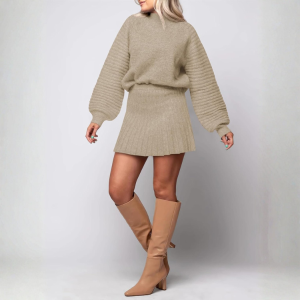 2 Piece Ribbed Knit Puff Sleeve Sweater Top And Mini Skirt Outfit Set - Image 12