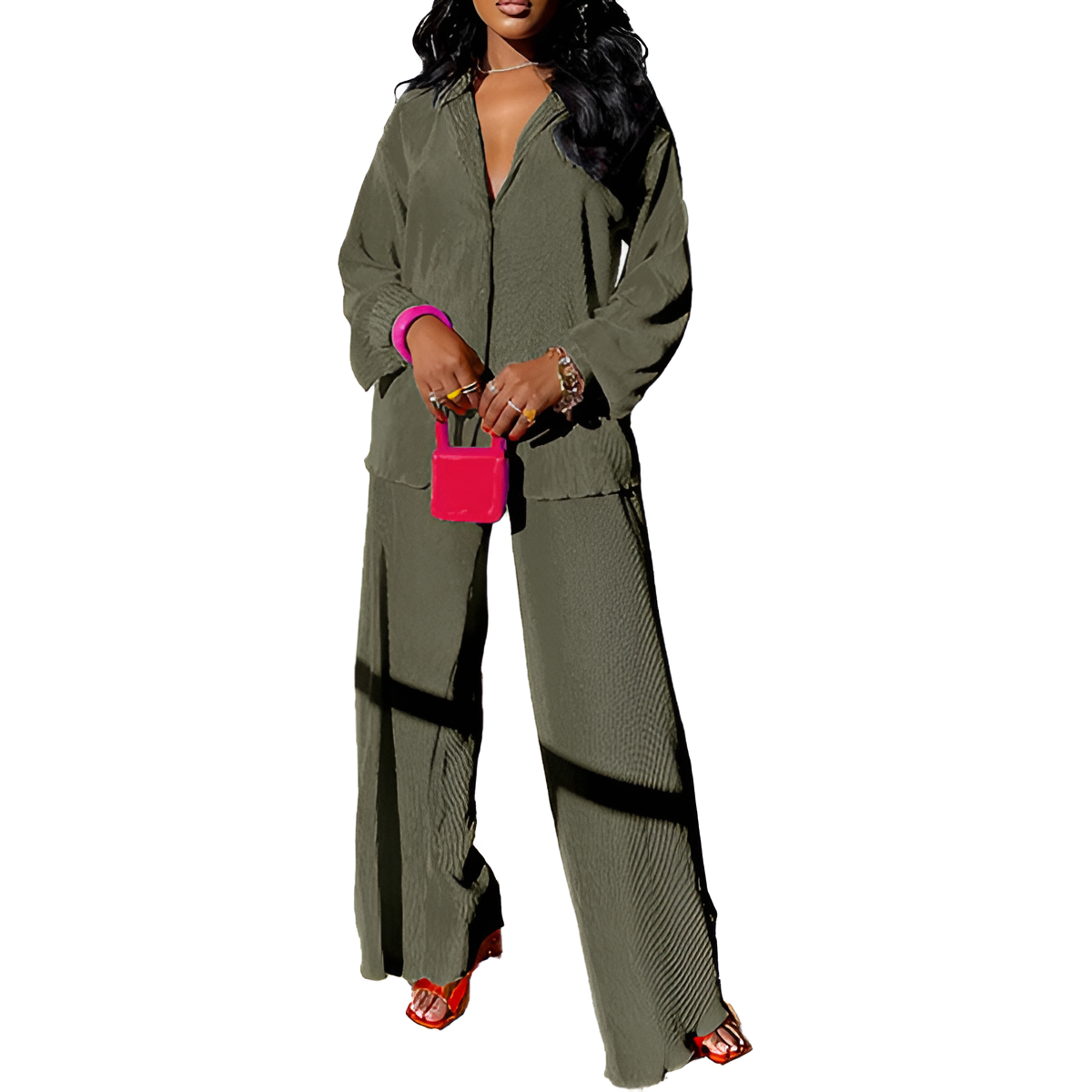 2 Piece Button Down Shirt And Pleated Pants Set For Women - Image 5