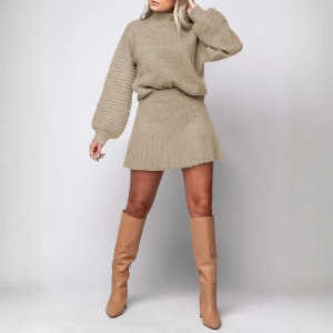 2 Piece Ribbed Knit Puff Sleeve Sweater Top And Mini Skirt Outfit Set - Image 14