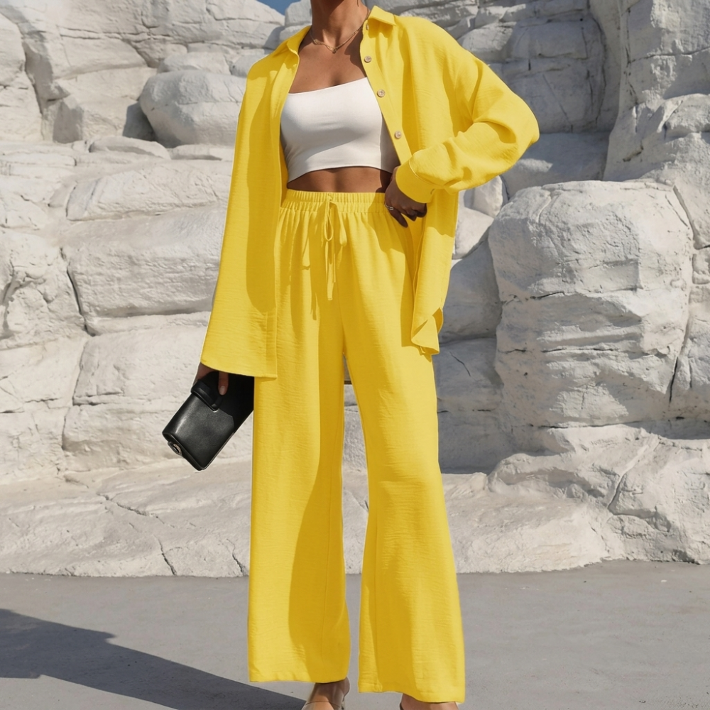 Casual 2 Piece Long Sleeve Shirt And Wide Fit Trouser Set For Women - Image 1
