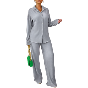 2 Piece Button Down Shirt And Pleated Pants Set For Women - Image 39