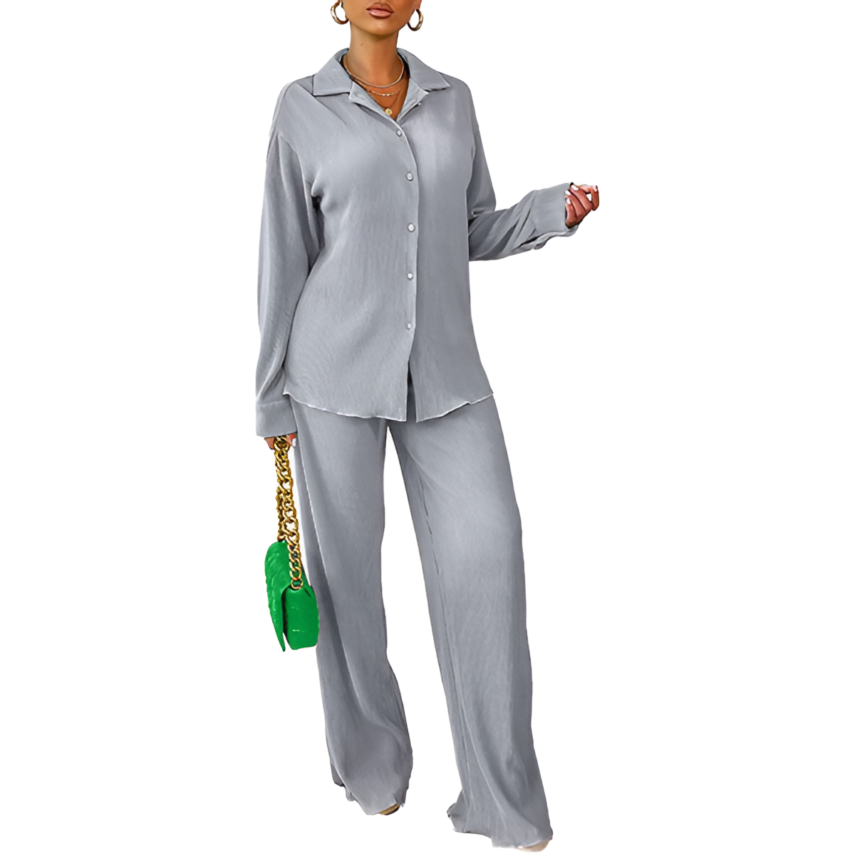2 Piece Button Down Shirt And Pleated Pants Set For Women - Image 39