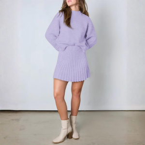 2 Piece Ribbed Knit Puff Sleeve Sweater Top And Mini Skirt Outfit Set - Image 19