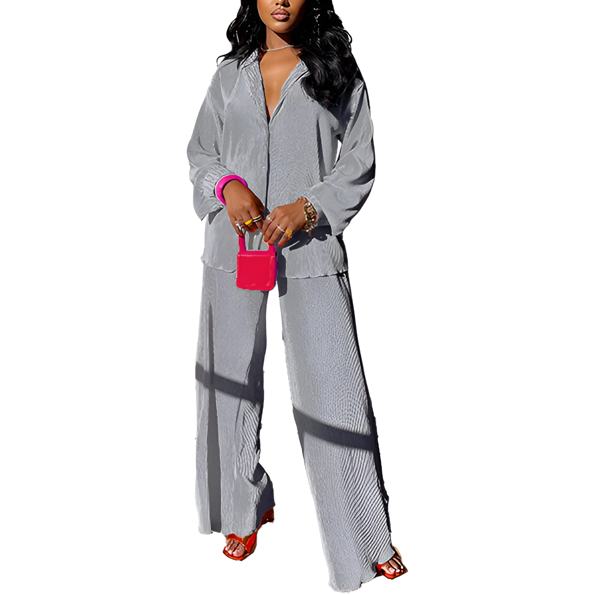2 Piece Button Down Shirt And Pleated Pants Set For Women - Image 38