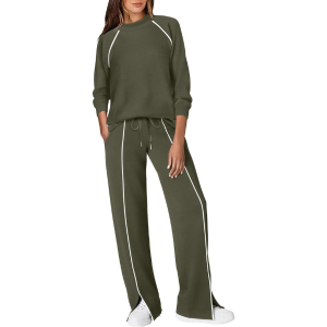 Two Piece Matching Outfit Set With Piping Detail Top And Loose Pants - Image 30