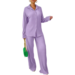 2 Piece Button Down Shirt And Pleated Pants Set For Women - Image 10