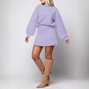 2 Piece Ribbed Knit Puff Sleeve Sweater Top And Mini Skirt Outfit Set - Image 15