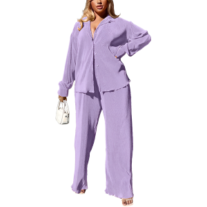 2 Piece Button Down Shirt And Pleated Pants Set For Women - Image 11