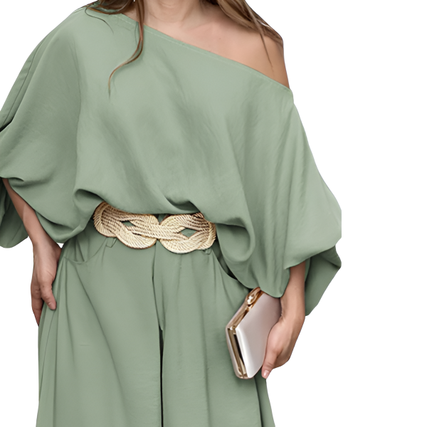 Two Piece Set With Flowy Pants And Lantern Sleeve Top For Women