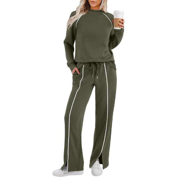 Two Piece Matching Outfit Set With Piping Detail Top And Loose Pants