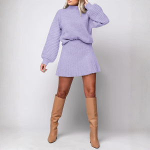 2 Piece Ribbed Knit Puff Sleeve Sweater Top And Mini Skirt Outfit Set - Image 18