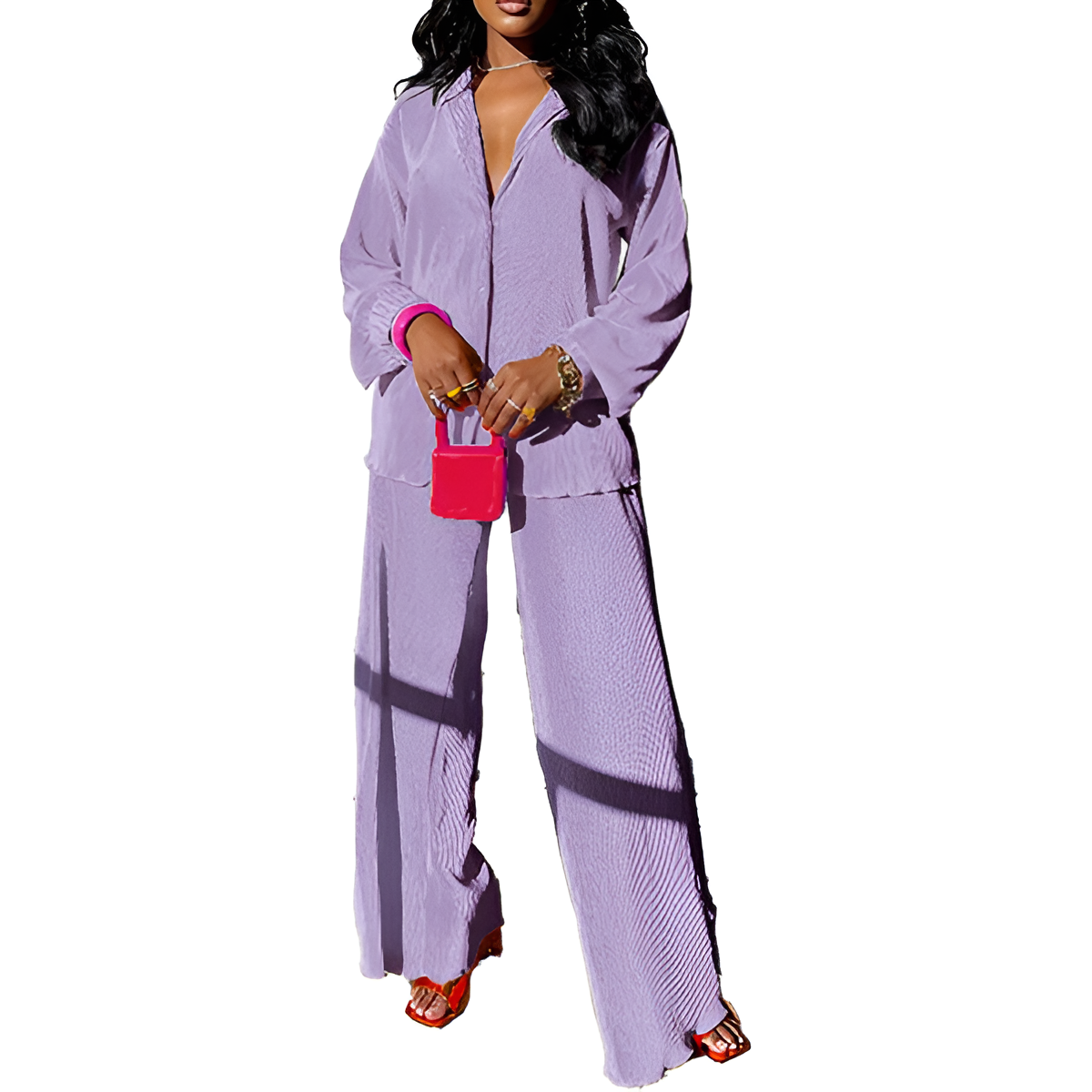 2 Piece Button Down Shirt And Pleated Pants Set For Women - Image 9