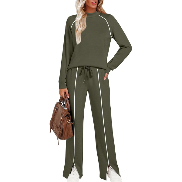 Two Piece Matching Outfit Set With Piping Detail Top And Loose Pants