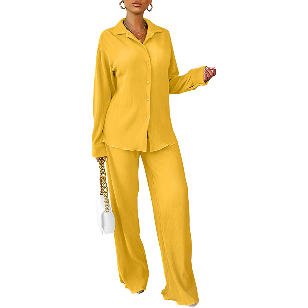 2 Piece Button Down Shirt And Pleated Pants Set For Women - Image 35