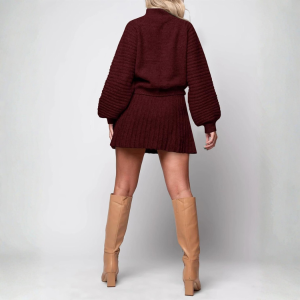 2 Piece Ribbed Knit Puff Sleeve Sweater Top And Mini Skirt Outfit Set - Image 5