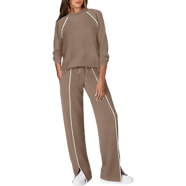 Two Piece Matching Outfit Set With Piping Detail Top And Loose Pants