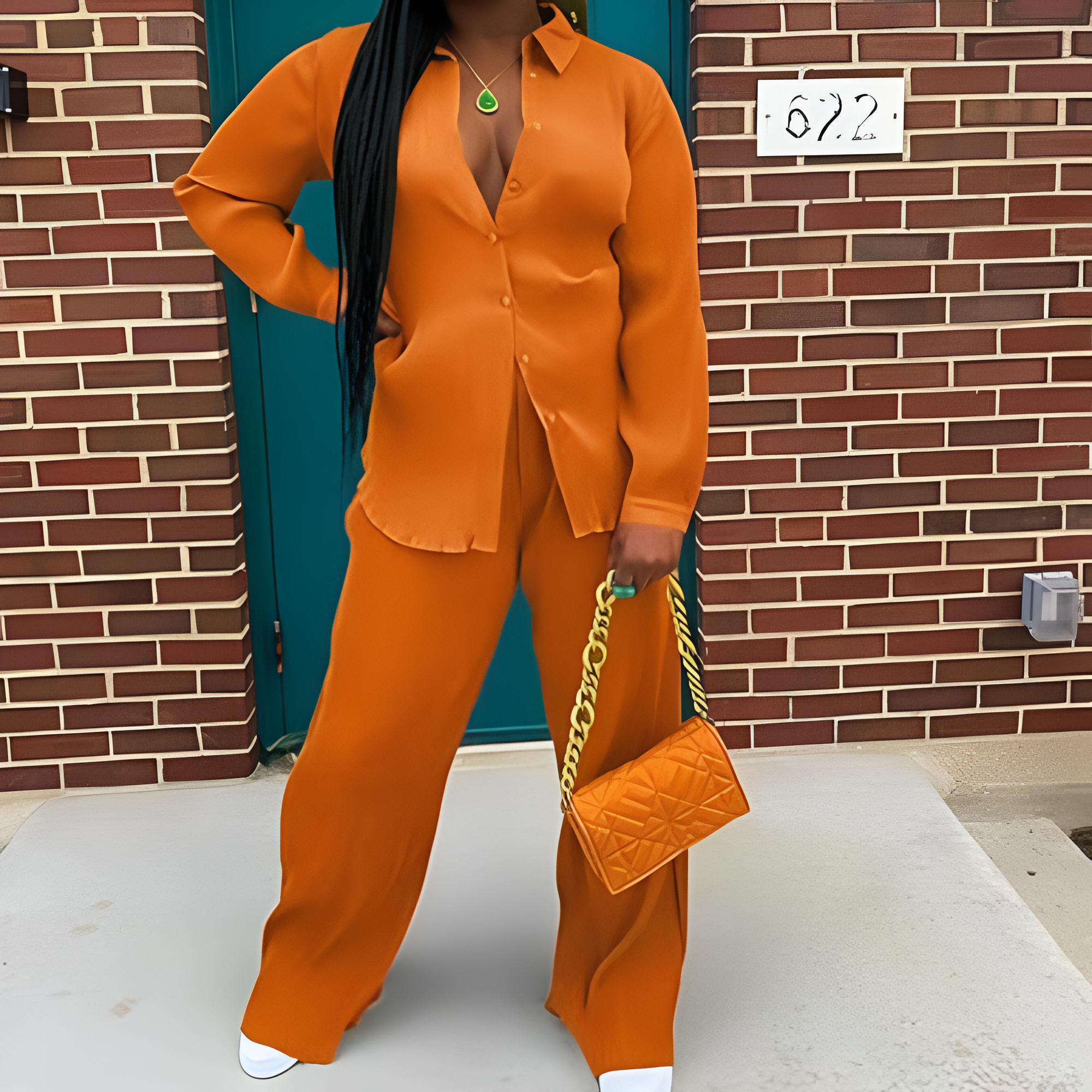 2 Piece Button Down Shirt And Pleated Pants Set For Women - Image 4
