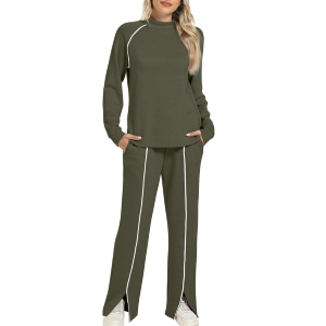 Two Piece Matching Outfit Set With Piping Detail Top And Loose Pants - Image 26