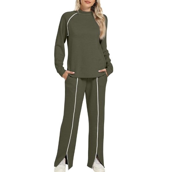Two Piece Matching Outfit Set With Piping Detail Top And Loose Pants