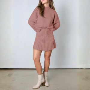 2 Piece Ribbed Knit Puff Sleeve Sweater Top And Mini Skirt Outfit Set - Image 23