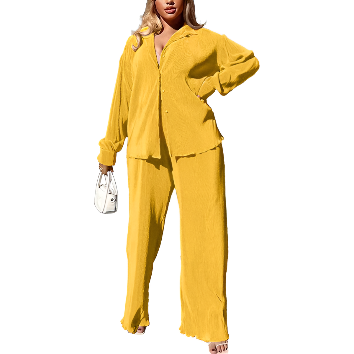 2 Piece Button Down Shirt And Pleated Pants Set For Women - Image 33