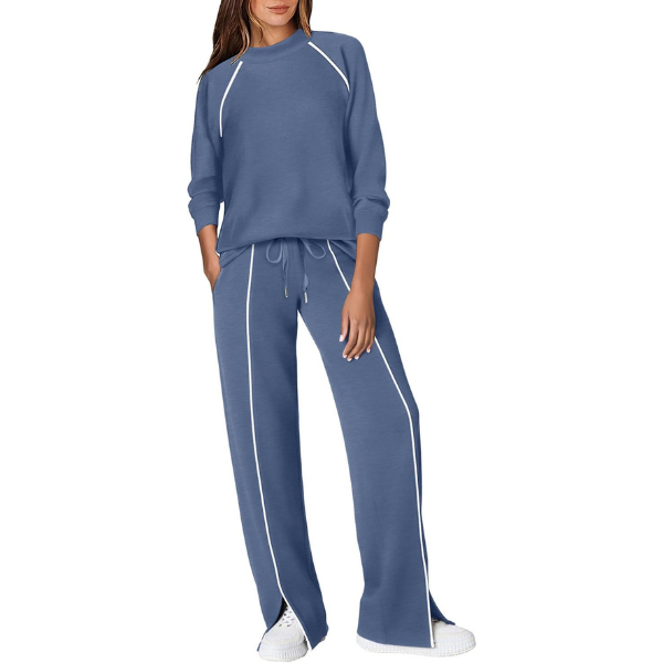 Two Piece Matching Outfit Set With Piping Detail Top And Loose Pants