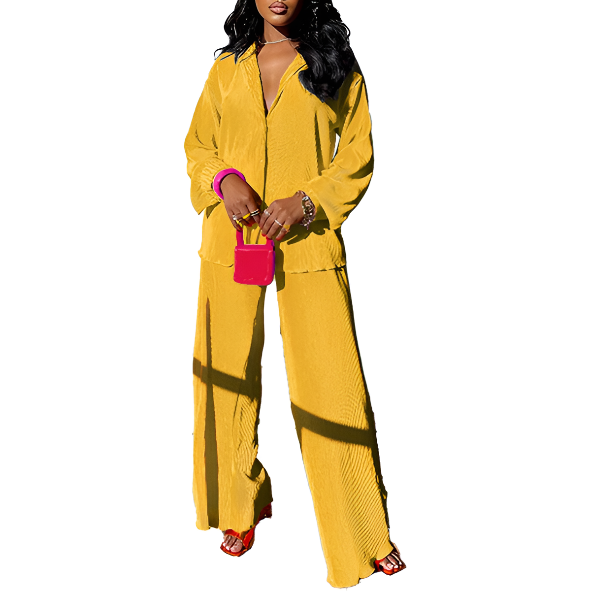 2 Piece Button Down Shirt And Pleated Pants Set For Women - Image 34