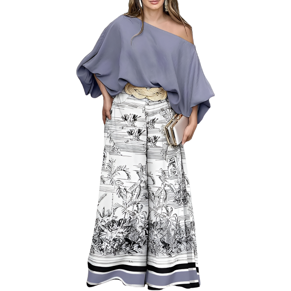 Two Piece Set With Flowy Pants And Lantern Sleeve Top For Women